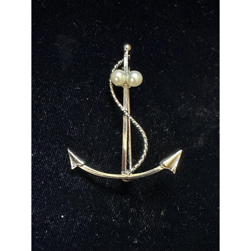 Vintage Sterling Silver & Cultured Pearl Anchor Pin signed DEC